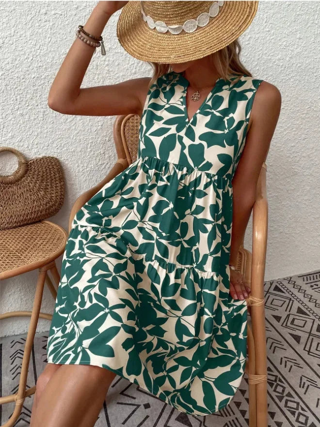 Green Leaf Print Tiered Mini Dress