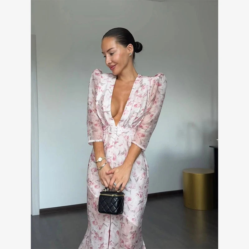 Organza Floral Puff-Sleeve Maxi Dress