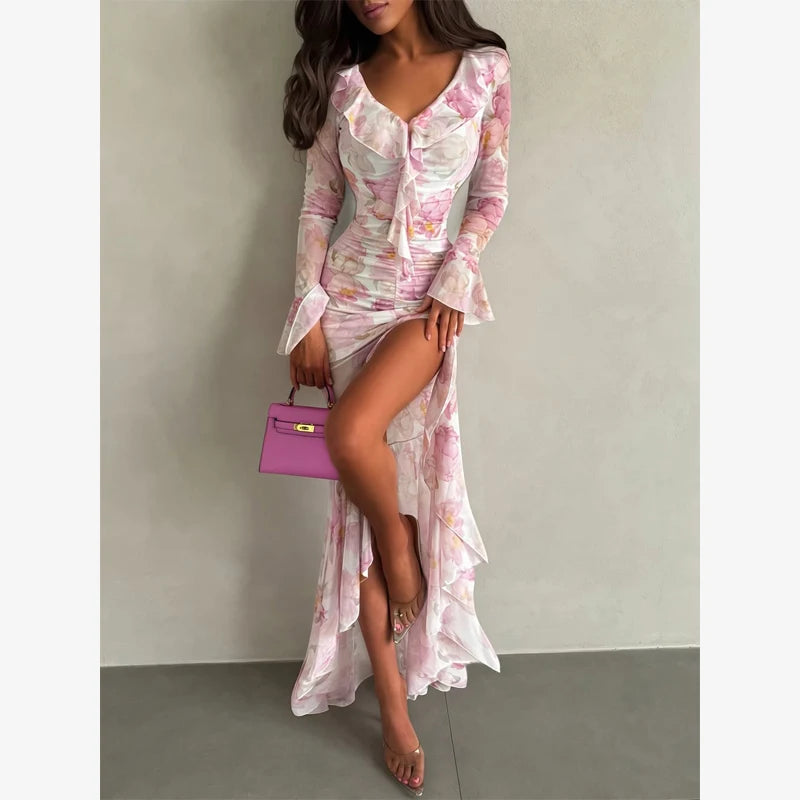 Organza Floral Puff-Sleeve Maxi Dress