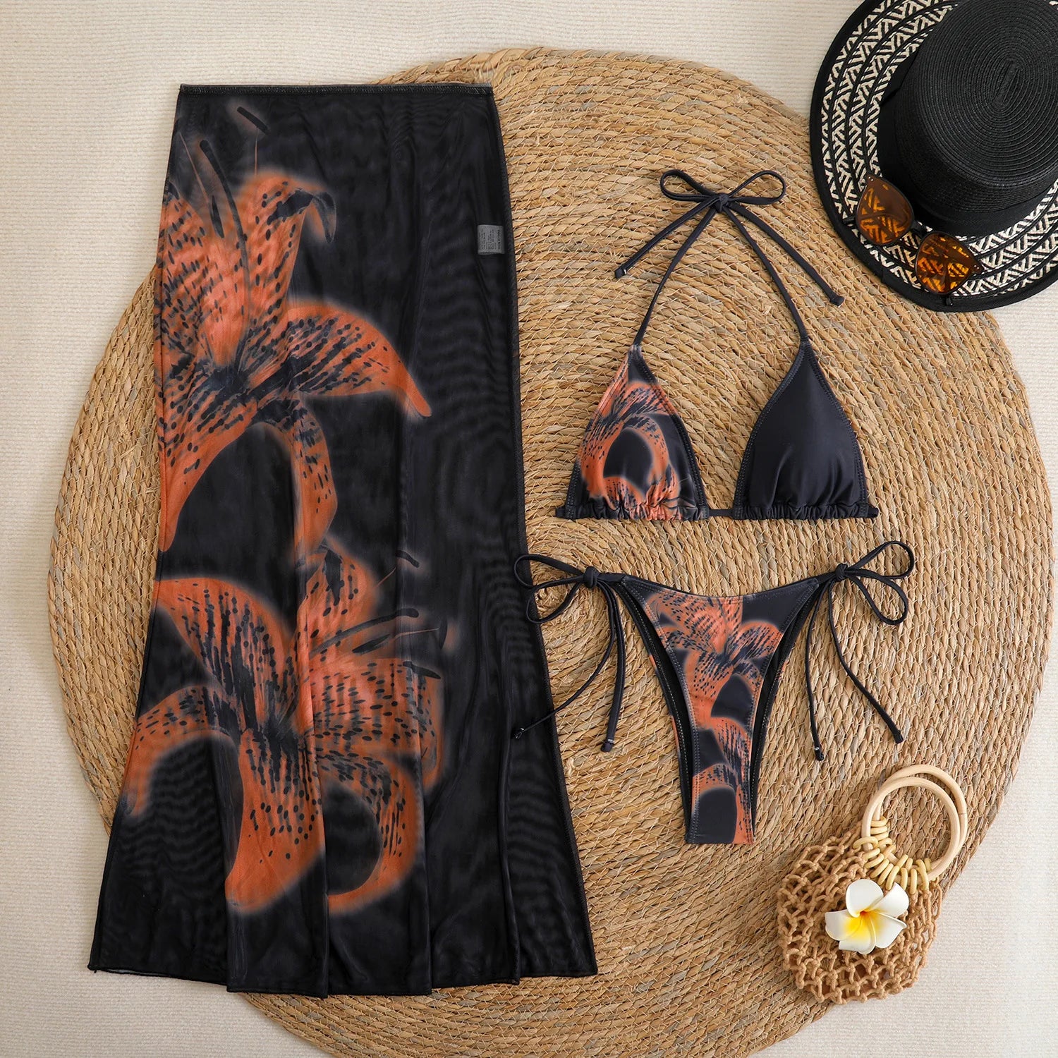 Floral Print 3-Piece High-Waist Bikini Set