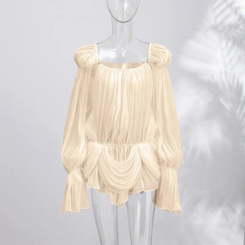 Off-Shoulder Satin Puff-Sleeve Mini Dress