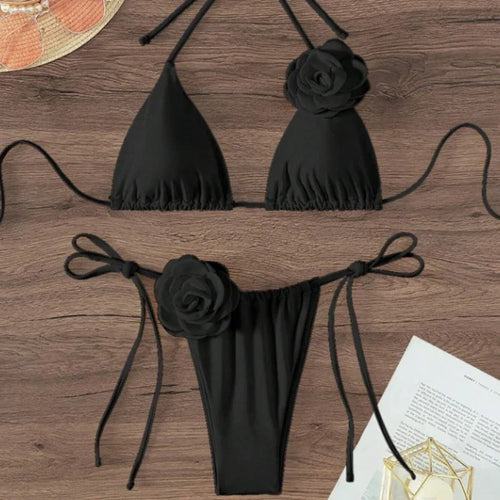 3D Floral Halter Strappy Bikini Set