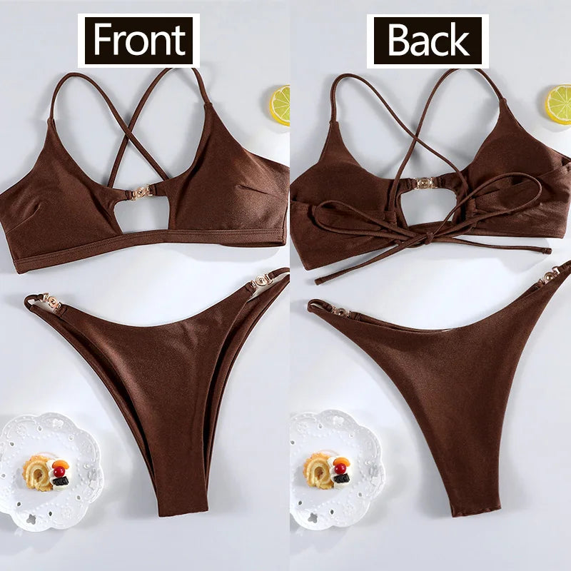Solid Hollow-Out Push-Up Bikini Set