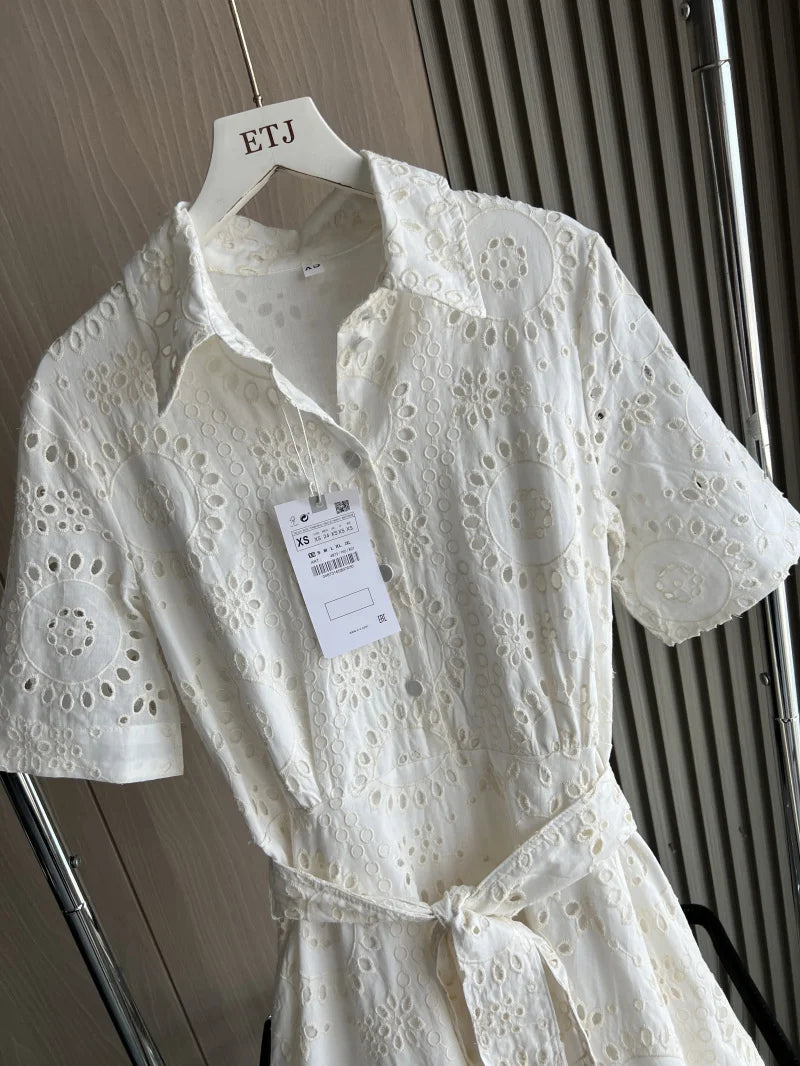 Embroidered Cotton Shirt Midi Dress