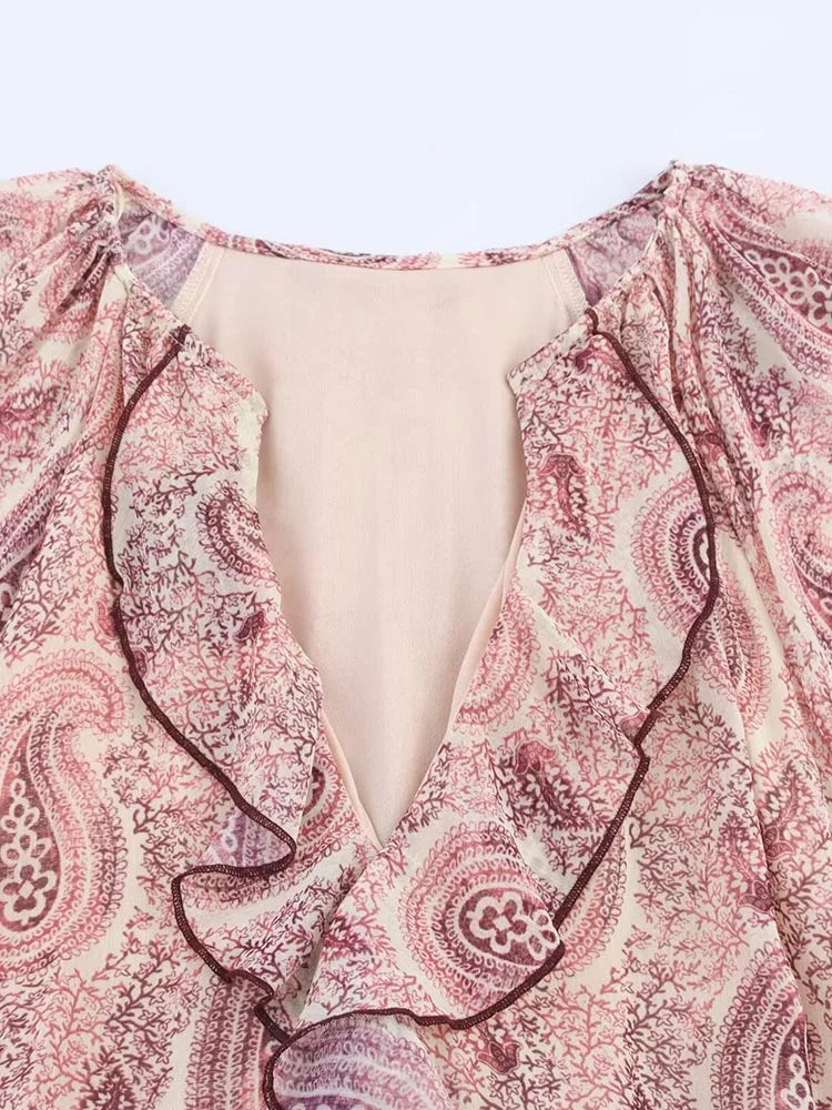 Vintage Print Chiffon Ruffle Midi Dress