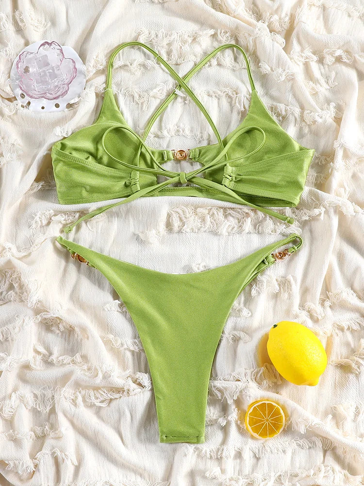 Solid Hollow-Out Push-Up Bikini Set