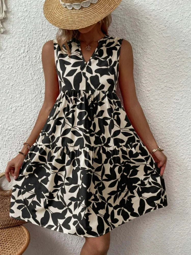 Green Leaf Print Tiered Mini Dress