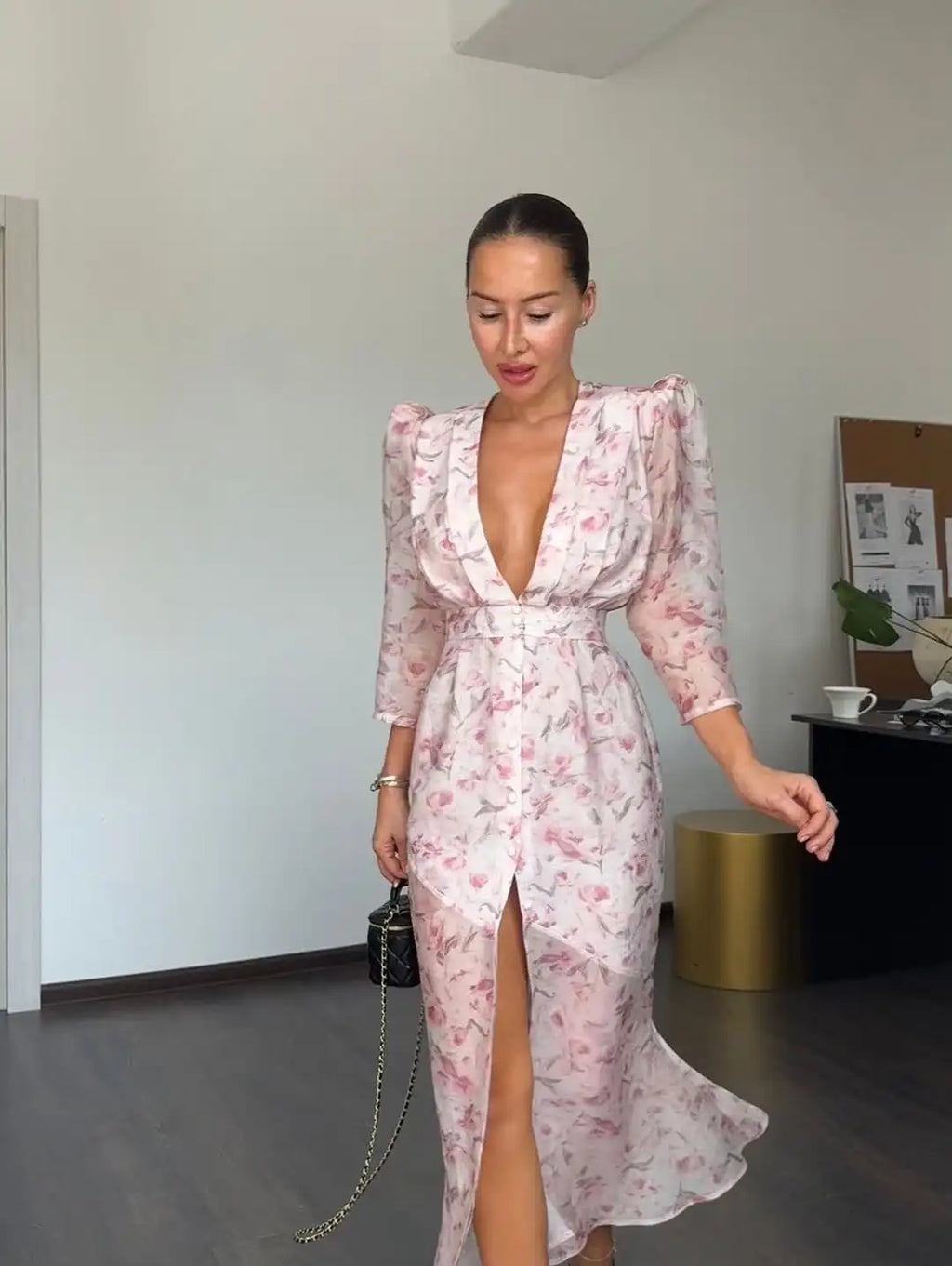 Organza Floral Puff-Sleeve Maxi Dress