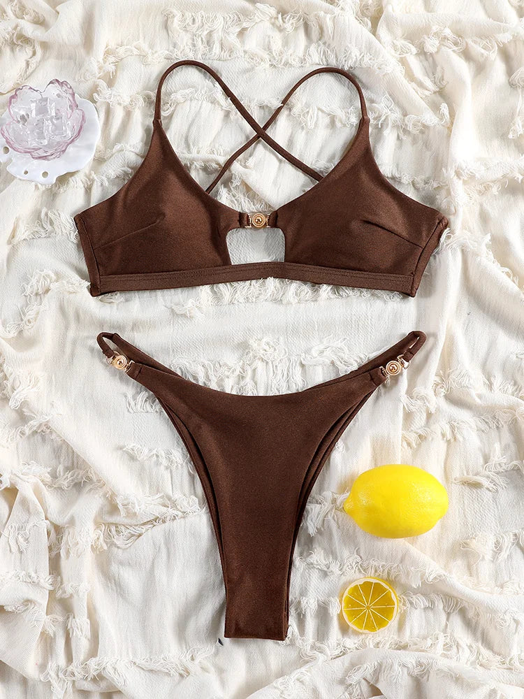 Solid Hollow-Out Push-Up Bikini Set