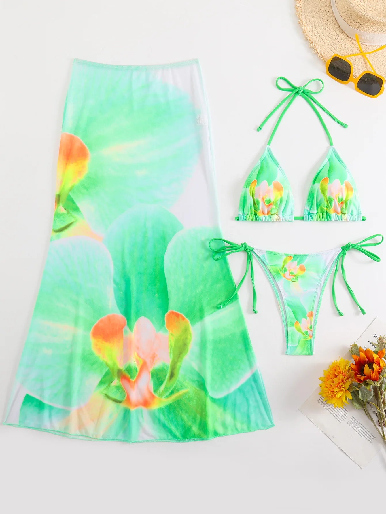 Floral Print 3-Piece High-Waist Bikini Set
