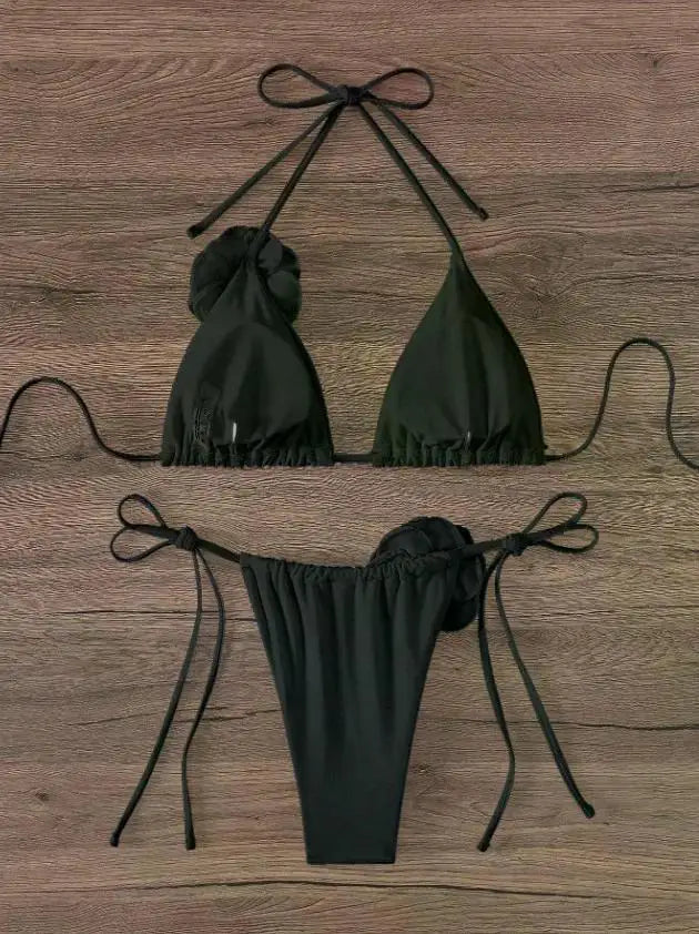 3D Floral Halter Strappy Bikini Set