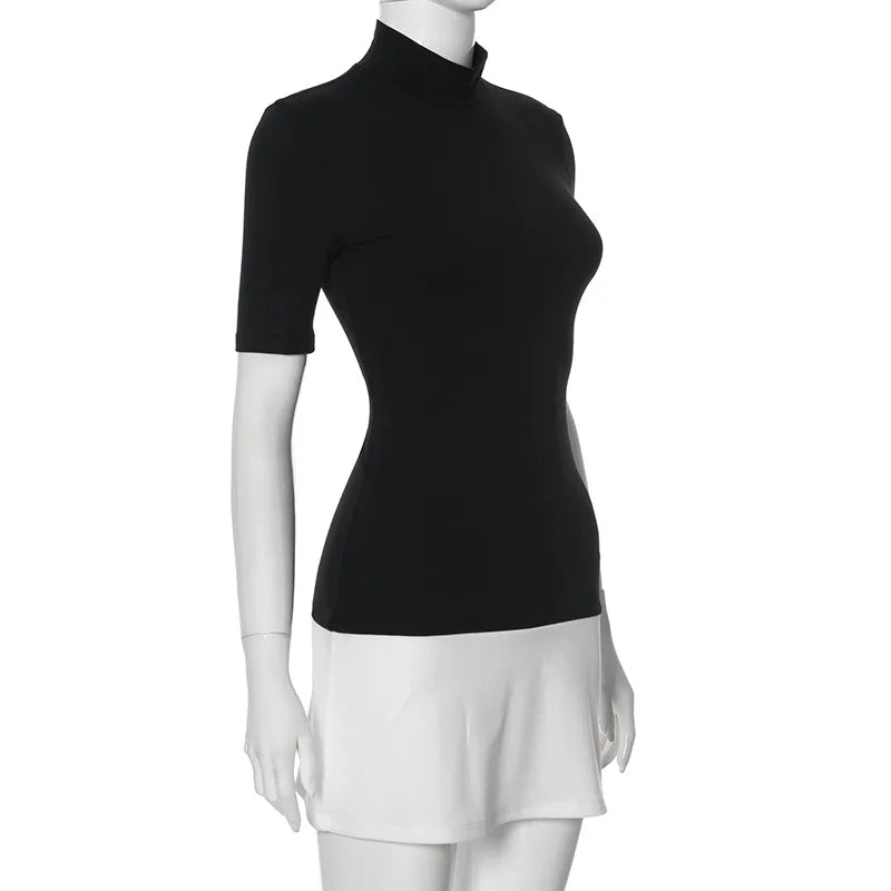 Contrast Short-Sleeve Bodycon Mini Dress