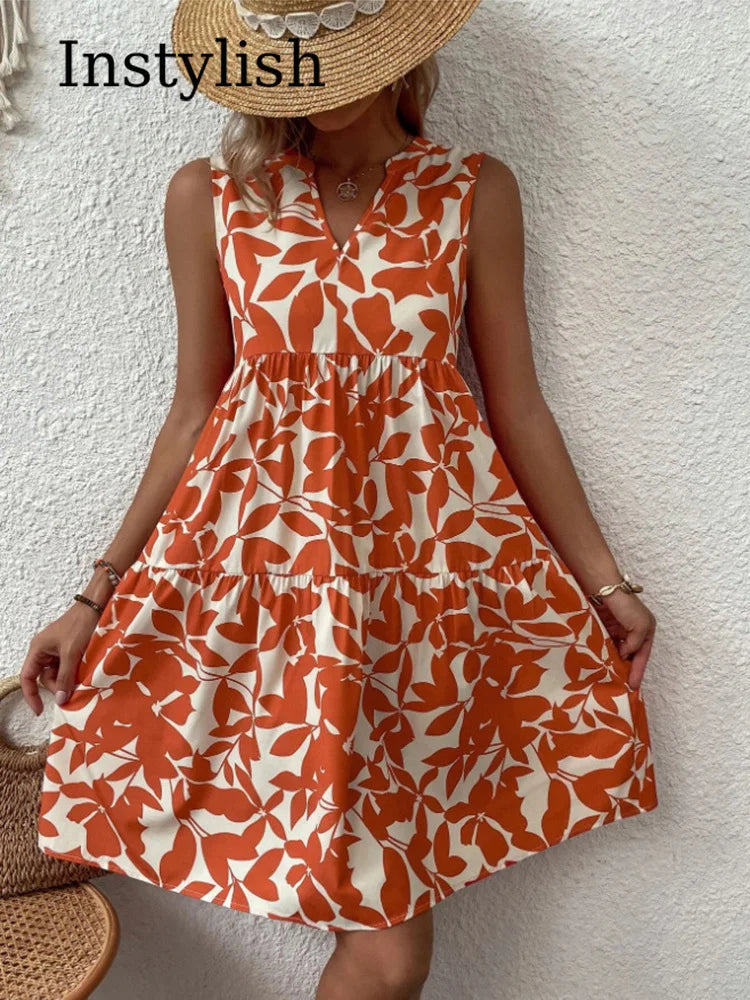 Green Leaf Print Tiered Mini Dress