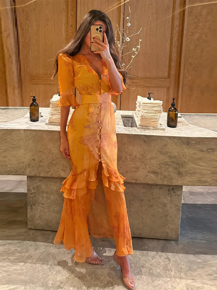 Organza Floral Puff-Sleeve Maxi Dress