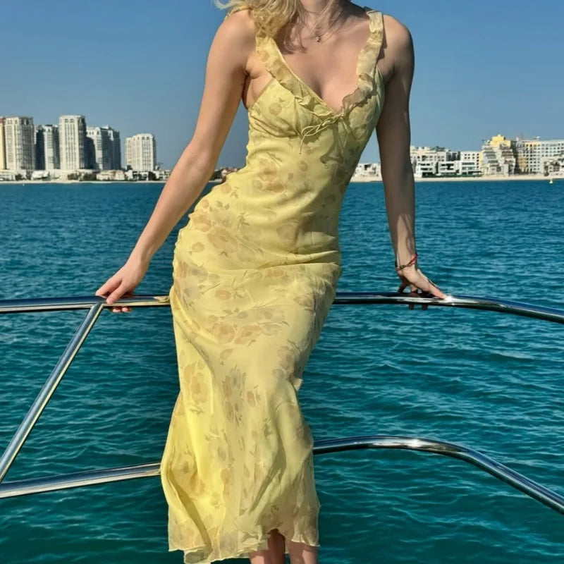 Floral Plunge Backless Maxi Dress