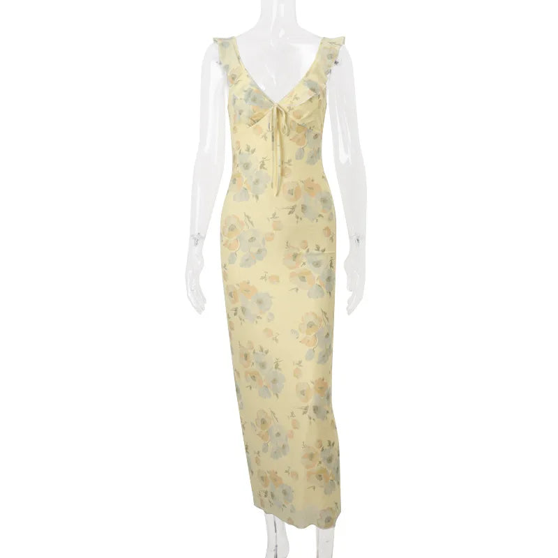 Floral Plunge Backless Maxi Dress