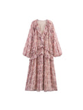 Vintage Print Chiffon Ruffle Midi Dress