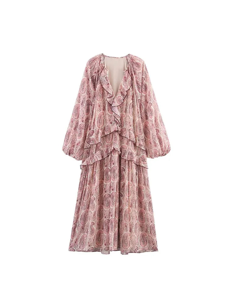 Vintage Print Chiffon Ruffle Midi Dress