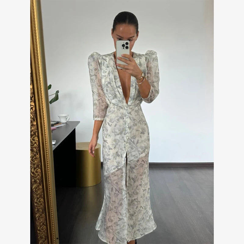 Organza Floral Puff-Sleeve Maxi Dress