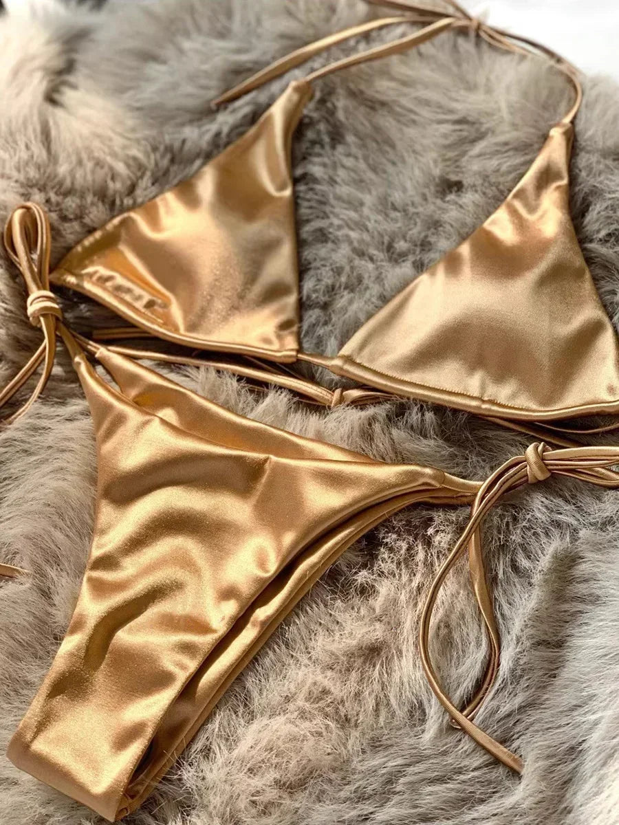 Metallic Satin Halter Bikini