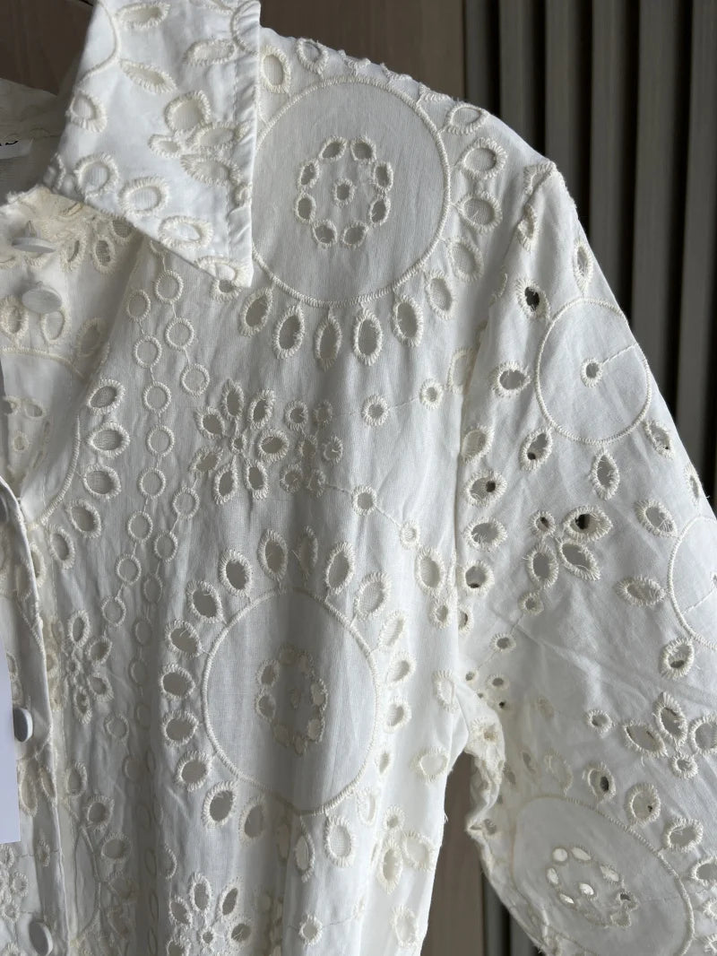 Embroidered Cotton Shirt Midi Dress