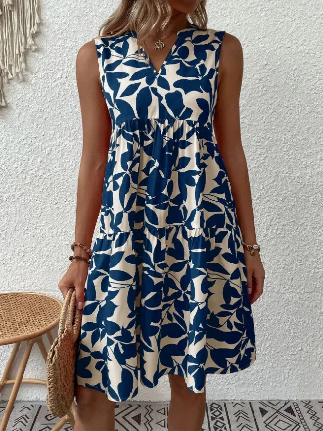 Green Leaf Print Tiered Mini Dress
