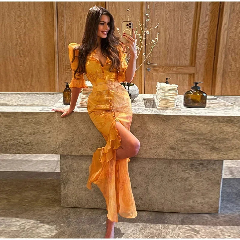 Organza Floral Puff-Sleeve Maxi Dress