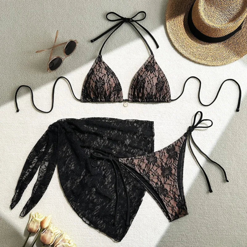 Lace Three-Piece Bikini Set
