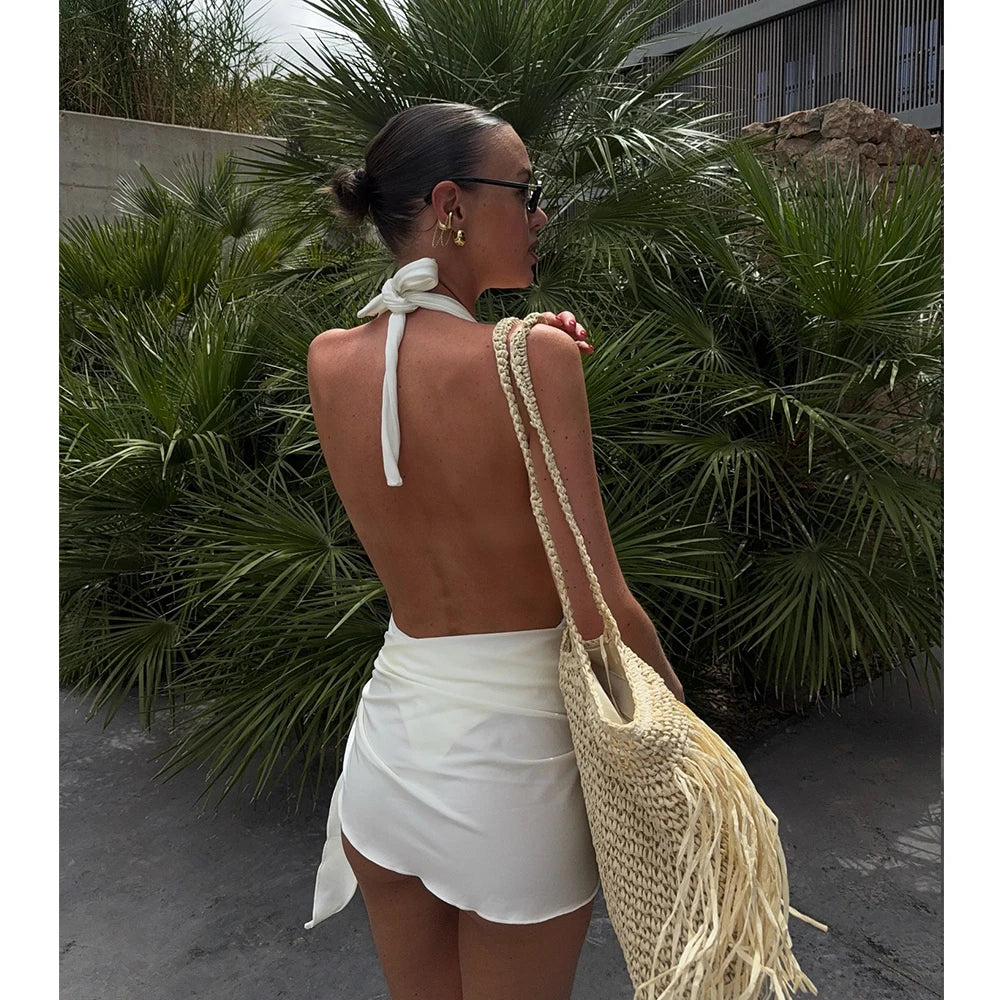 Solid Halter Micro Bikini and Sarong Set