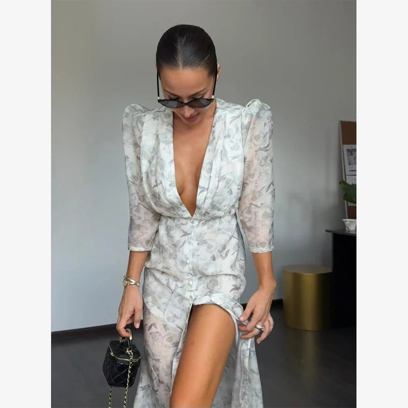 Organza Floral Puff-Sleeve Maxi Dress