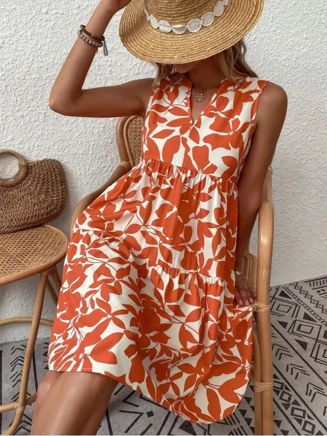 Green Leaf Print Tiered Mini Dress