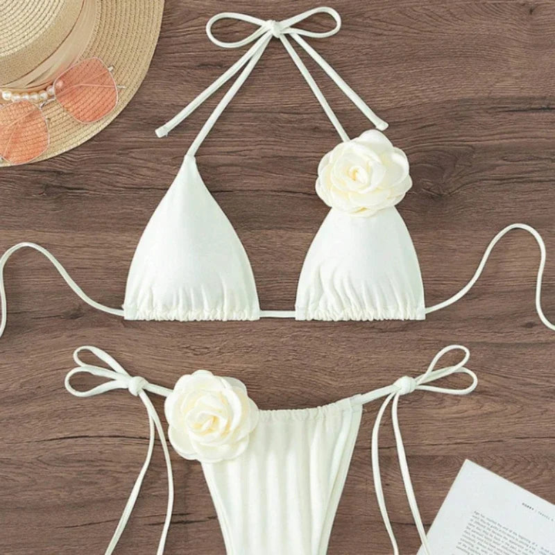3D Floral Halter Strappy Bikini Set