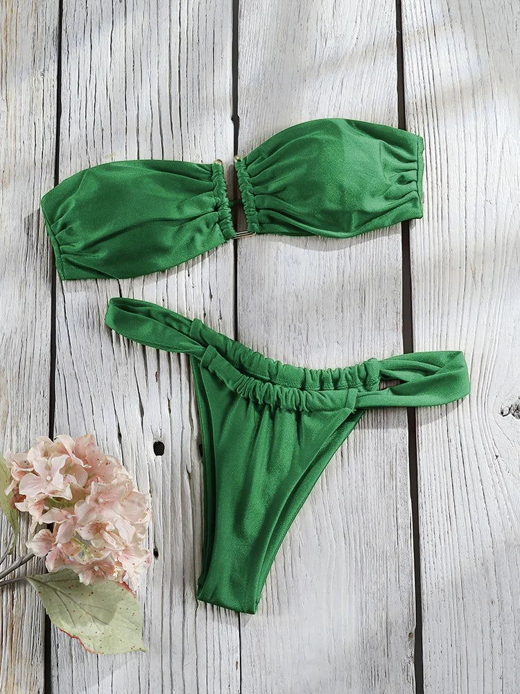 Solid Bandage Triangle Bikini Set