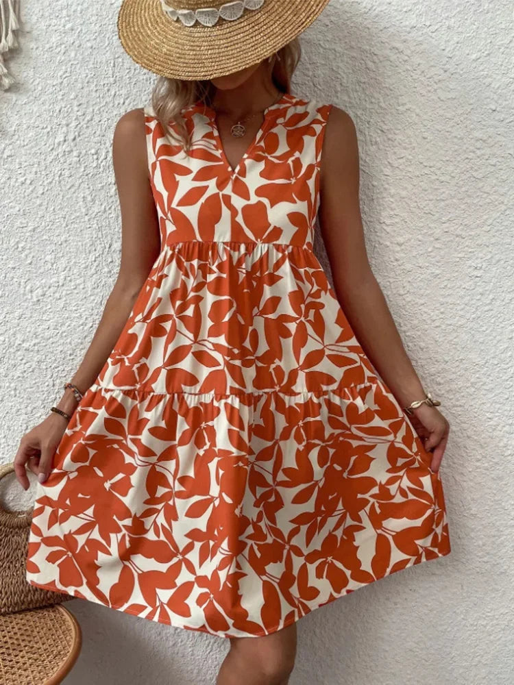 Green Leaf Print Tiered Mini Dress