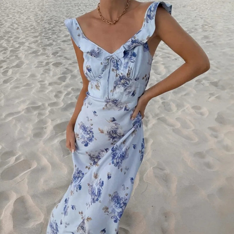 Floral Plunge Backless Maxi Dress