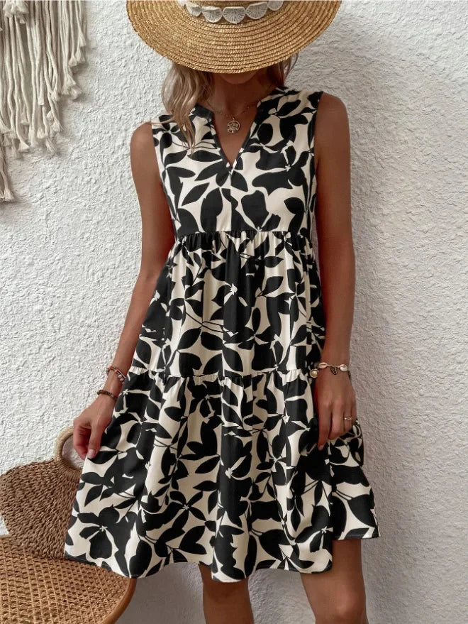 Green Leaf Print Tiered Mini Dress