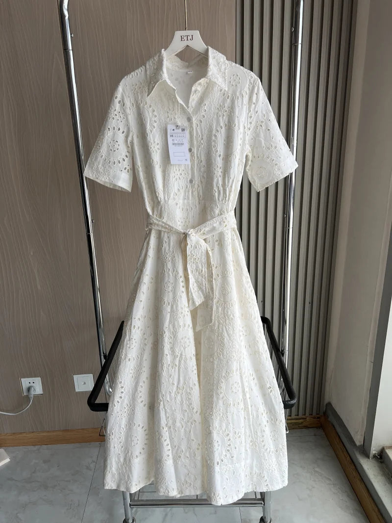 Embroidered Cotton Shirt Midi Dress