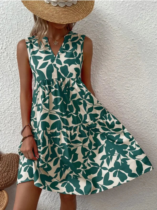 Green Leaf Print Tiered Mini Dress