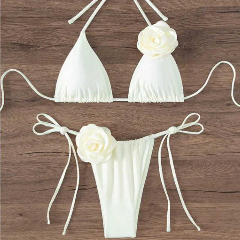 3D Floral Halter Strappy Bikini Set