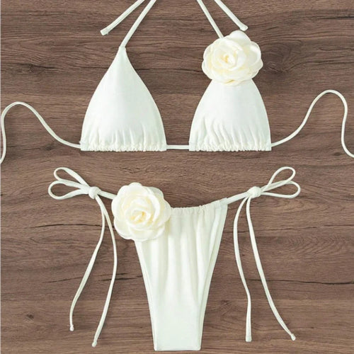 3D Floral Halter Strappy Bikini Set