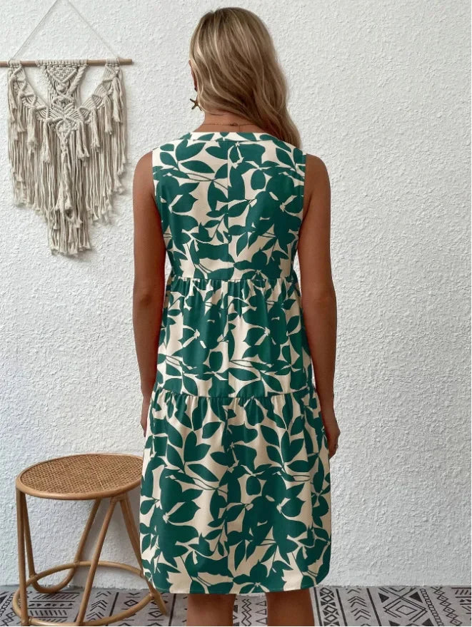 Green Leaf Print Tiered Mini Dress