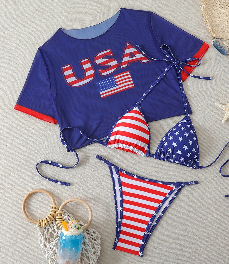 USA Flag 3-Piece Bikini Set