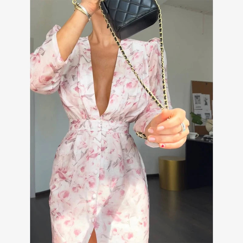 Organza Floral Puff-Sleeve Maxi Dress