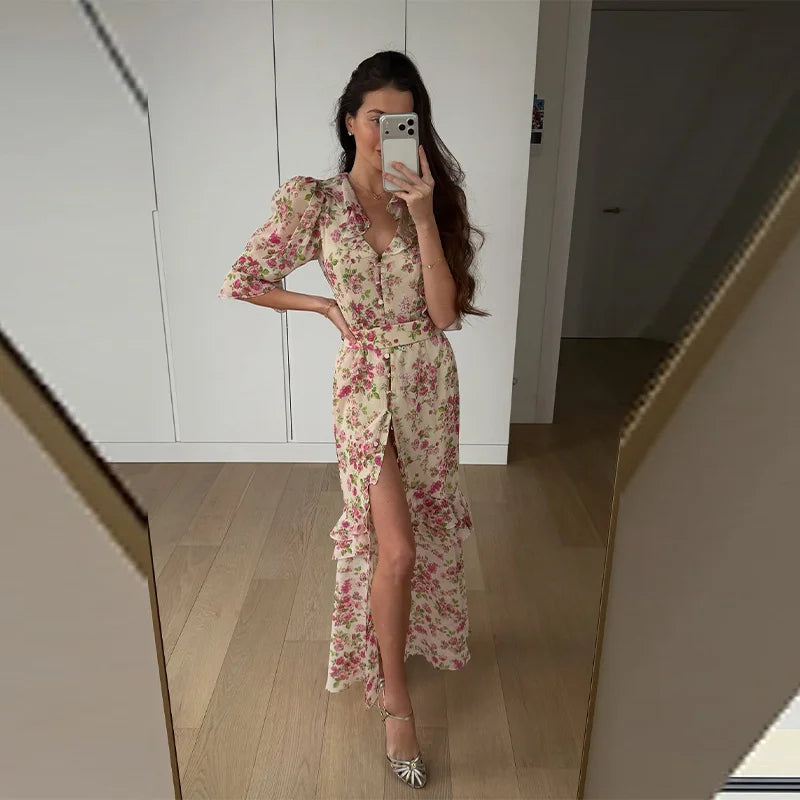 Organza Floral Puff-Sleeve Maxi Dress