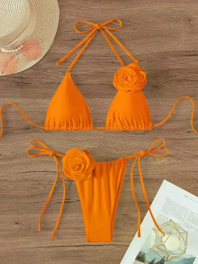 3D Floral Halter Strappy Bikini Set