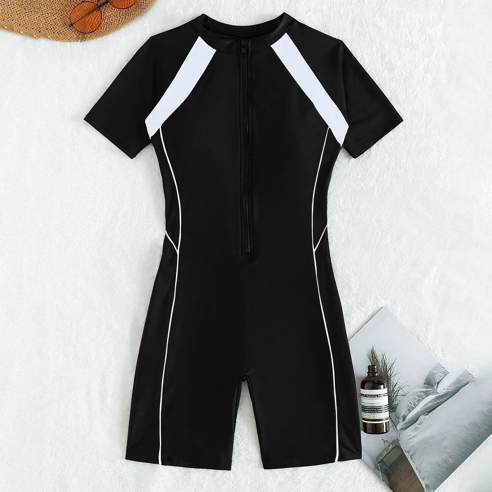 Zip Patchwork One-Piece Swimsuit