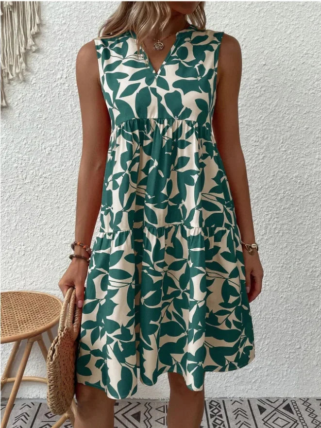 Green Leaf Print Tiered Mini Dress