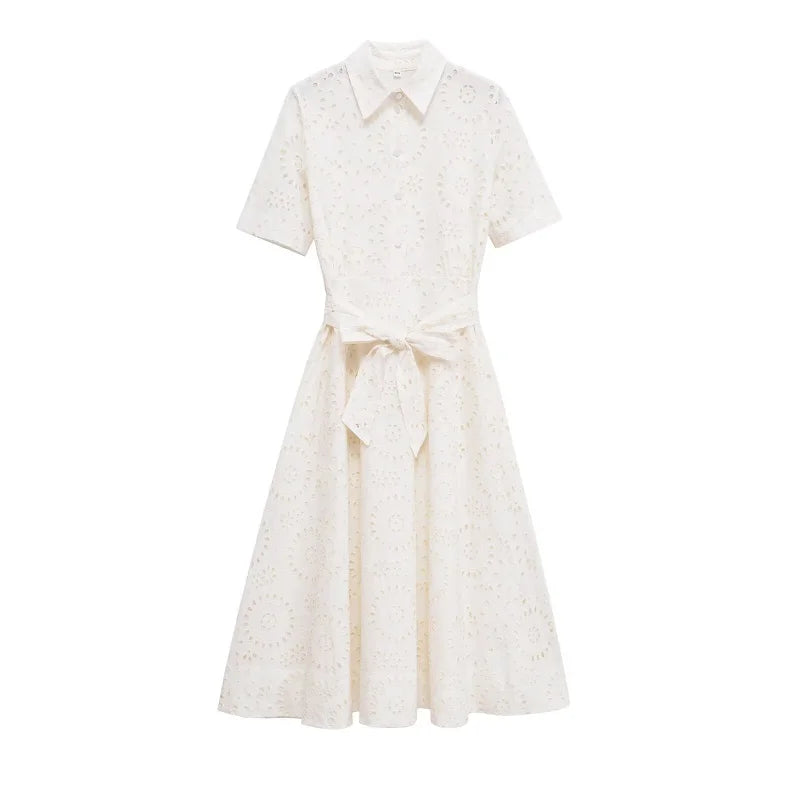 Embroidered Cotton Shirt Midi Dress