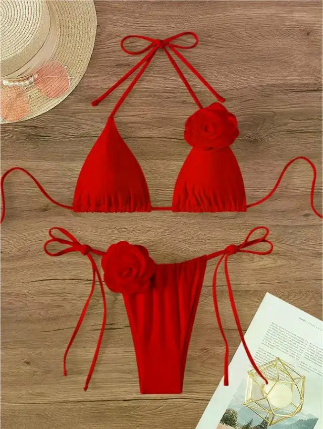 3D Floral Halter Strappy Bikini Set