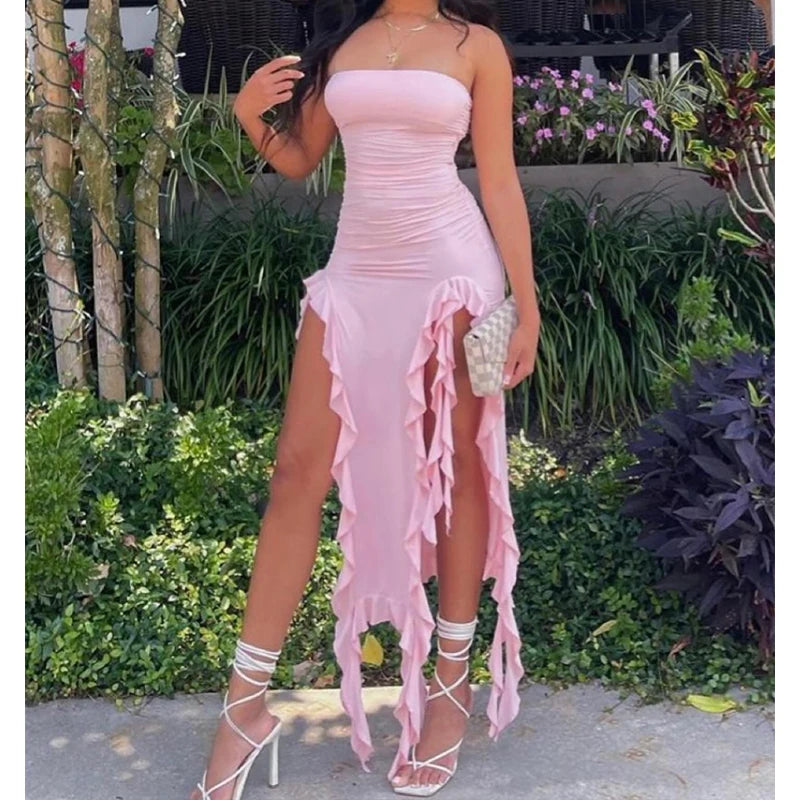 Strapless Floral High-Slit Mini Dress
